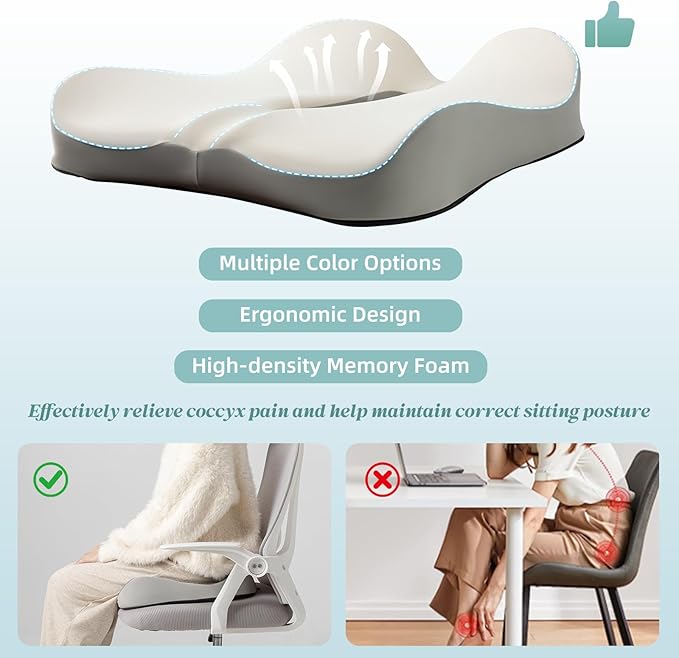 SheRest Seat Cushion, Ergonomic Memory Foam Cooling Cushion, Pressure Relief Suitable for Long Sitting Hours on Office Chairs, Desks, Cars and Airplane Seats, White