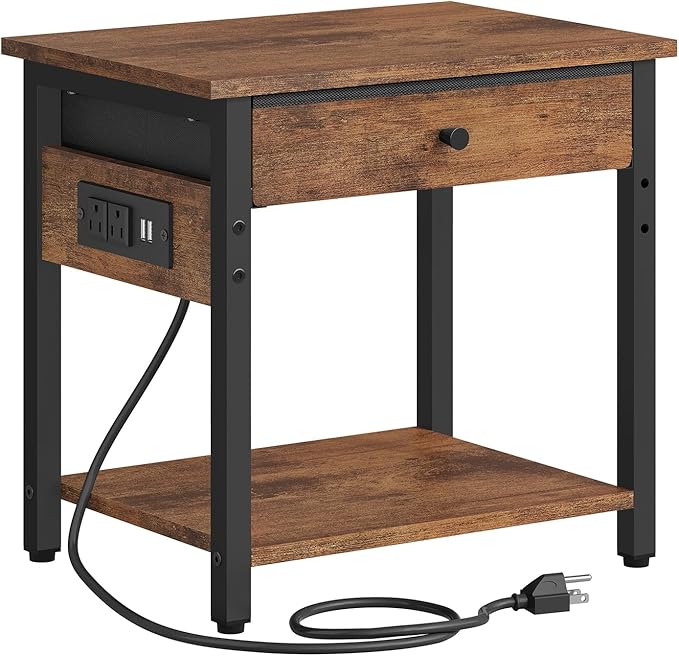 Gewudraw Printer Stand with Charging Station, 2-Tier Under Desk Printer Table, Side Table with Storage Shelves for Home Office, Living Room, Bedroom, Bathroom, Brown