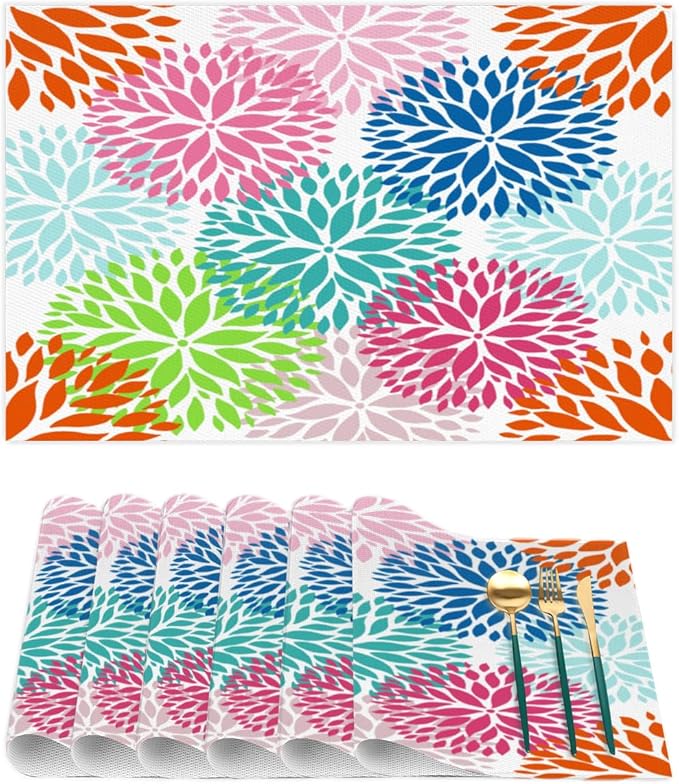 Placemats Set of 4 Heat-Resistant Rectangle Place Mats Abstract Art Flowers Washable Plastic PVC Dining Table Mat Non-Slip Wipeable Woven Vinyl Placemat for Kitchen Patio Table Decor