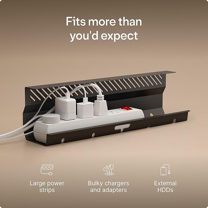 Desktronic Cable Duct Desk Black Set of 2 - Stainless Steel Cable Management Desk Cable Duct with 5 Cable Cut-Outs - Easy to Install Cable Organiser - Cable Holder