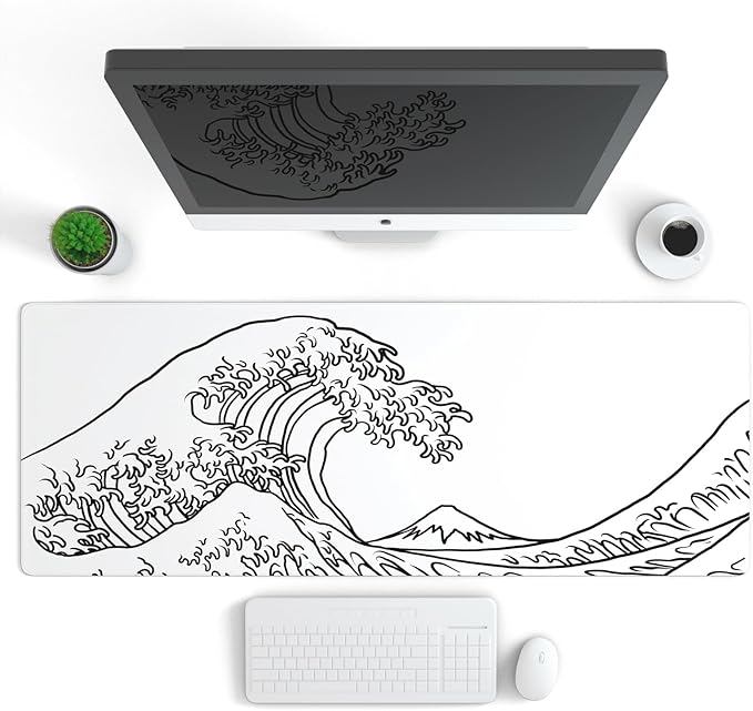 Ovenbird Gaming Mouse Pad with Stitched Edges, Japanese Wave White Extended XL Mousepad with Anti-Slip Base, Cool Large Mouse Pad for Desk, 31.5 x 11.8 in, White