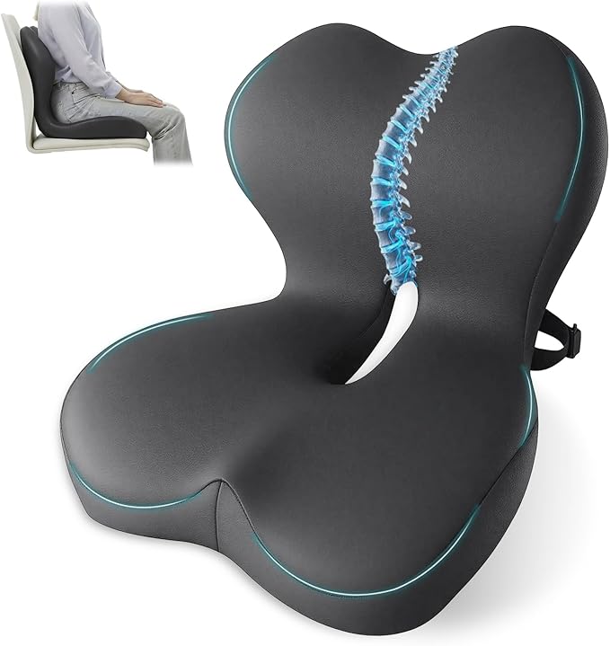 Memory Foam Seat Cushion,Office Chair Cushion with Lumbar Support for Back Pressure Relief, Car Seat Cushion with Adjustable Strap,Sciatica Pad Cushions for Car,Truck, Desk (D-Dark Grey)