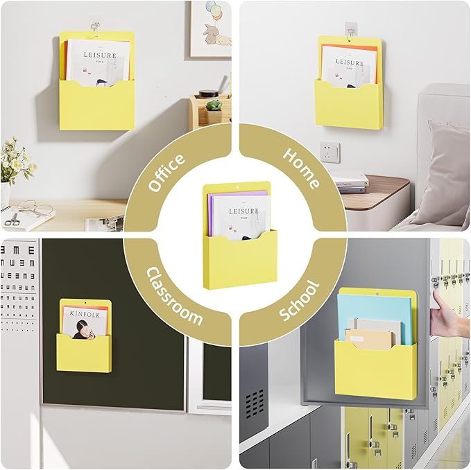 2 Pack Magnetic File Holder - Paper Holder, Pocket Organizer,Hanging Wall File Organizer Office Supplies Storage, Magazine Mail Organizer Case for Notebooks,Planners,Letter (Yellow)