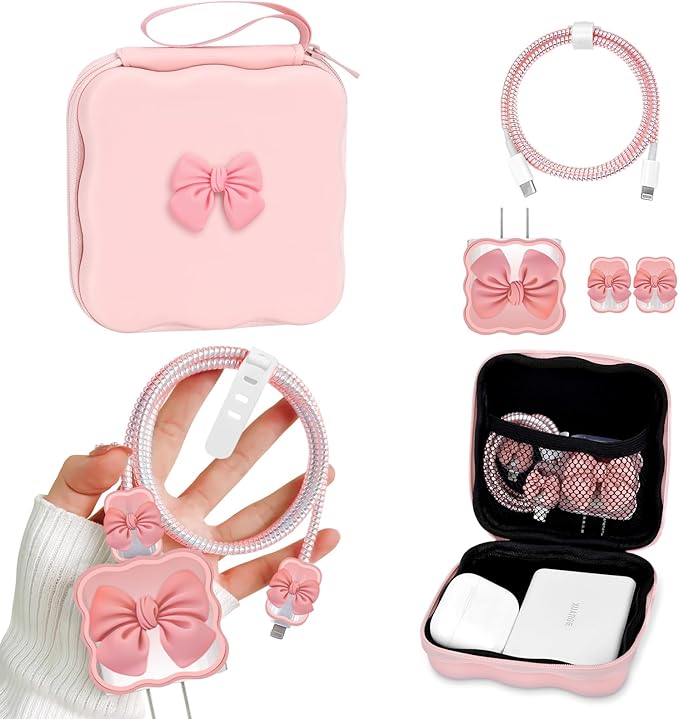 CameCosy DIY Phone Charger Storage Case Cover Sets for iPhone with Cable Protector Earphone Wire Saver, Lovely Travel Storage Bag, Cute Cable Charger Protector Cord Organizer (Pink Bow Tie)