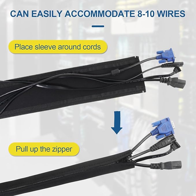 4 Pack Cable Sleeves, 20 inch Neoprene Cable Management Sleeves with Recessed Zipper, tv Cord Sleeve and Cable Sleeves Cord Management for TV Computer Office Home to Hide and Cover Wire