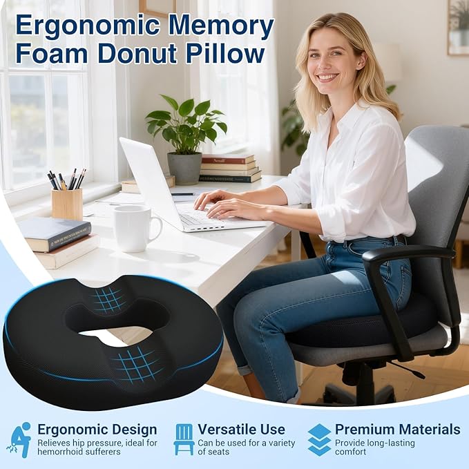 CushZone Donut Pillow for Postpartum Pregnancy - Large Ergonomic Chair Seat Cushions, Office Chair Cushion, Breathable Hemorrhoid Pillow, Lifting Chair Pads for Sitting, After Surgery(Black, XL)