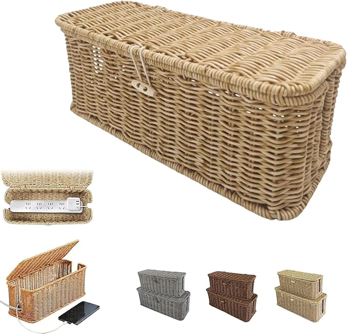 Handwoven Rattan Cable Management Box, Basket to Hide Cords, Container for Tv Wire, Computer, Router, USB Hub (Beige, M：12.9 * 5.1 * 5.1inch)