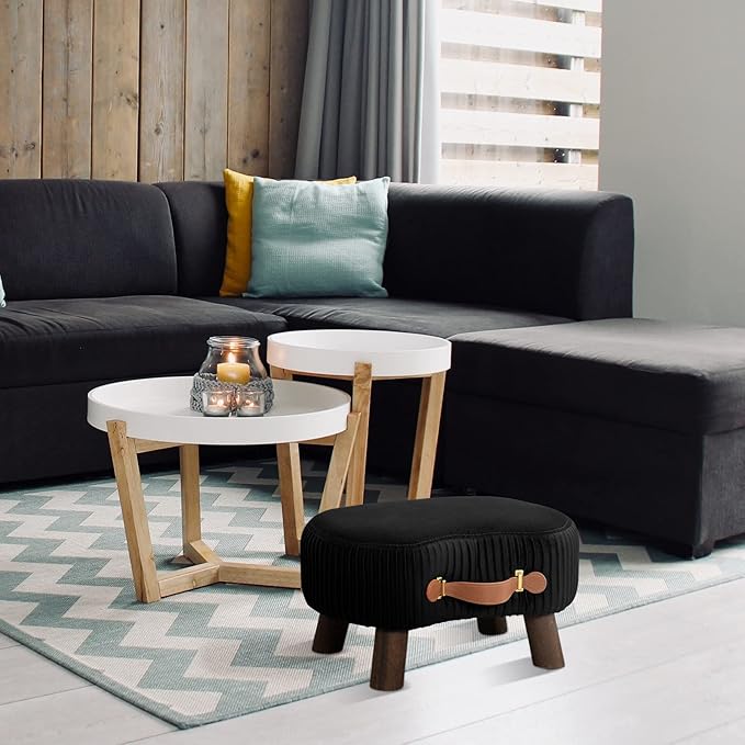 LUE BONA Small Curved Foot Stool with Handle, Black Velvet Footstool and Ottomans, Modern Foot Rest with Wooden Legs, Step Stool with Padded Seat for Couch, Living Room