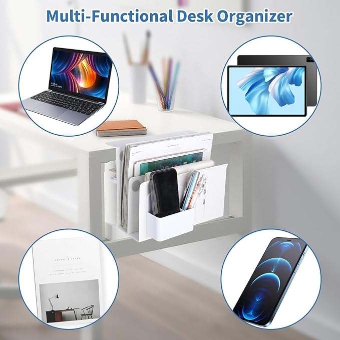 2 Tier Desk Side Storage Organizer, Under Desk Laptop Holder with Magnetic Pen Holder, No Drill Hanging Desk Caddy for Office and Home, Clamp On Desk Shelf for Tablet, Files,Accessories (White)