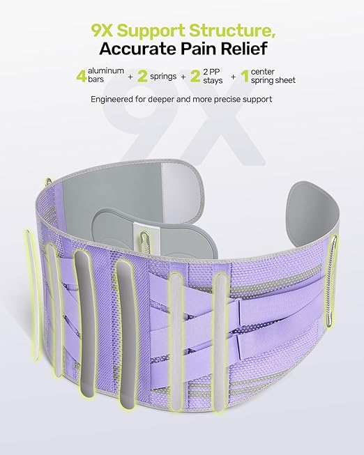 Rakiie Back Brace for Lower Back Pain Women with 9X Support System, Ergonomic Lumbar Support for Pain Relief, Breathable Mesh Design with 3D Silicone Pad for Sciatica, Purple Size M (Waist: 32.3"-39.8")