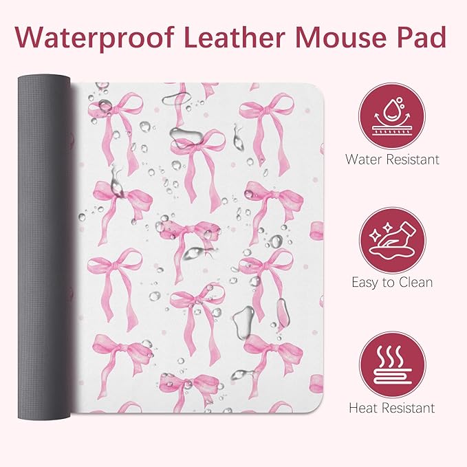Desk Mat, Pink Bow Mouse Pad Large for Computer Laptop, PU Leather Non-Slip Waterproof Writing Pad Desk Blotter, Cute Girly Desktop Protector Pink Office Desk Accessaries for Women 31.5 x 15.7 Inch