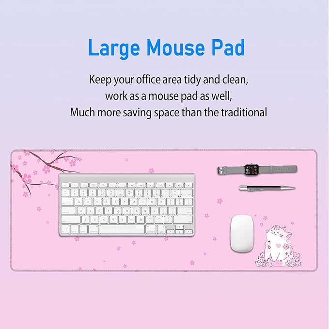 Cherry Blossom Cat Pink Mousepad,Cute Large Anime Gaming Desk Mat,Girly Office Decor Accessories Desktop Keyboard Pad for Women Girls,Aesthetic Japanese Sakura Mouse Mat,31.5x12in