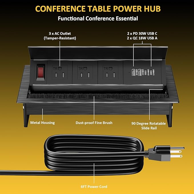Conference Table Power Hub Outlet, Kungfuking Connectivity Box Rotatable with 30W USB C, 18W USB A, 3 AC Outlets, Heavy Duty Metal Table Top Box for Countertop Office, 6 FT Cord