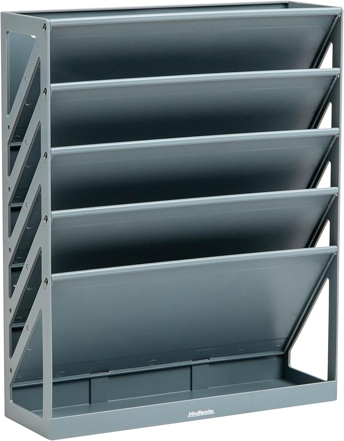 Mind Reader 5-Tier Vertical File Storage, Desktop Organizer, Wall Mount, Office, Plastic, 13"L x 4.25"W x 16"H, Gray