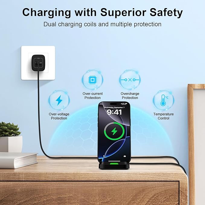 Wireless Charger Stand for Moto G Stylus 5G 2025/2024,Moto Edge/Razr 2025,Moto G Power 5G 2025/2024,15W Fast Charging Station with QC Adapter for Samsung Galaxy S25 S24FE,iPhone 17 16 15,Pixel 10 Pro