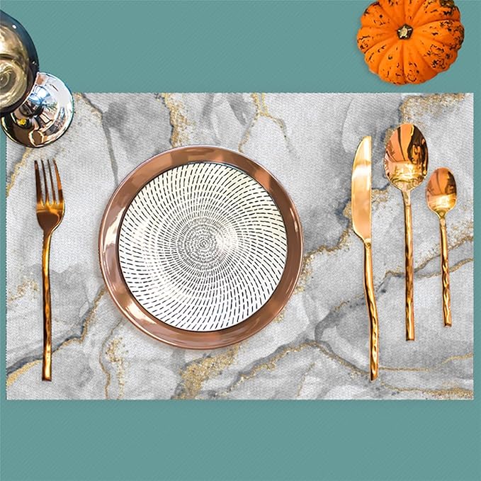 Placemats Set of 4 Heat-Resistant Rectangle Place Mats Grey Gold Marble Washable Plastic PVC Dining Table Mat Non-Slip Wipeable Woven Vinyl Placemat for Kitchen Patio Table Decor