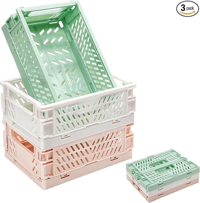 3 Pack Large Plastic Storage Basket for Shelf Organizing, Collapsible Crate Folding Storage Bin for Desk Organizier Stackable Containers for Home Kitchen Classroom Office Bathroom Storage(10x6.5x2.7")