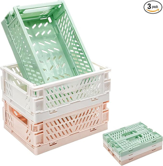 3 Pack Large Plastic Storage Basket for Shelf Organizing, Collapsible Crate Folding Storage Bin for Desk Organizier Stackable Containers for Home Kitchen Classroom Office Bathroom Storage(10x6.5x2.7")