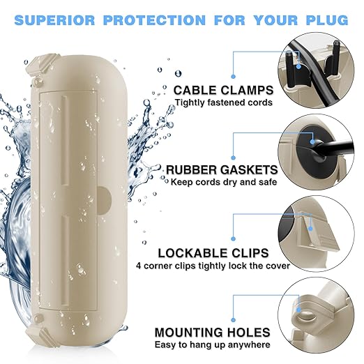 Flemoon [3 Pack] Outdoor Extension Cord Cover Waterproof, Weatherproof Electrical Connection Box for Straight Plug, Outlet, Socket, Halloween, Christmas Holiday Decoration String Light, Almond