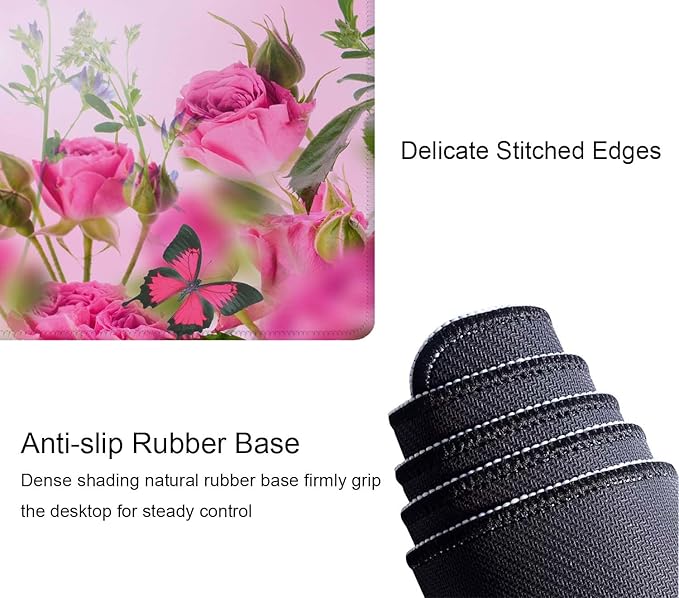 Mouse Pad Gaming, Large Mouse Pads for Desk, Keyboard Mouse Mat Desk Pad, Non-Slip Rubber Base with Stitched Edges Mousepad, 31.5x11.8in Roses Butterfly