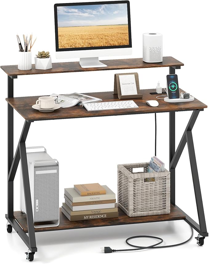 Tangkula 39.5" Mobile Computer Desk with Power Outlets, Rolling Laptop Workstation with Monitor Stand & Storage Shelf, Gaming Writing Desk with Lockable Wheels for Home Office Bedroom (Rustic Brown)