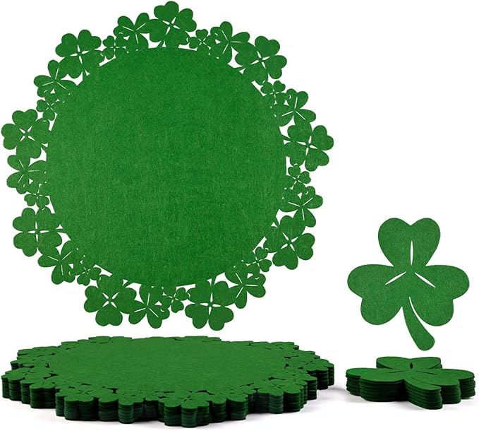 Noctiflorous St. Patrick’s Day Shamrock Green Round Felt Placemats with Coasters Set of 6 Table Decoration Durable Heat-Resistant Non-Slip Washable Place Mats Indoor Outdoor Kitchen Dining Table Mats