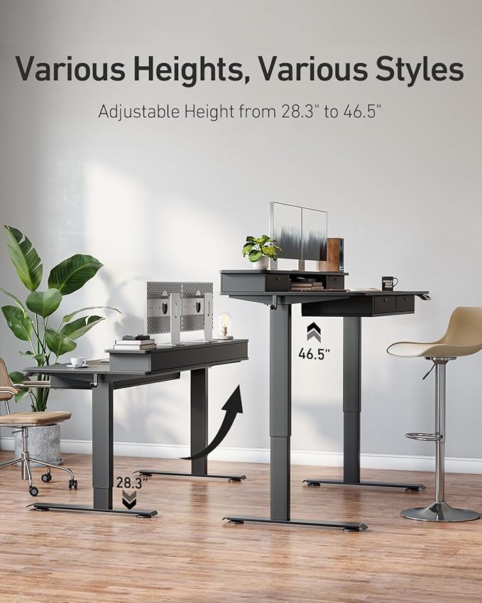 FEZIBO 60 x 30 inch Standing Desk with Drawers, Height Adjustable Electric Workstation, Computer Sit Stand Up Table with Large Storage Shelf 4 Drawers and 2 Hooks, Black