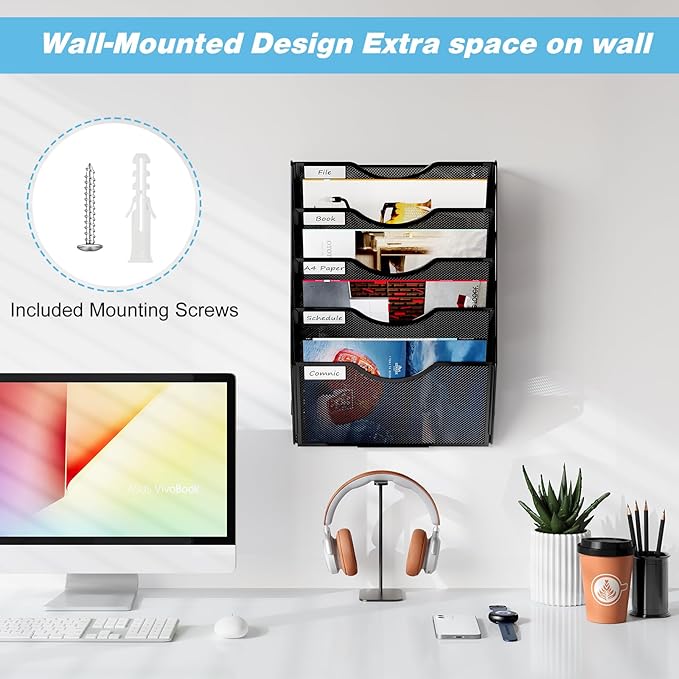 Wall Hanging File Holder 5 Pocket Wall Mounted Paper Organizer Magazine File Holder Storage Rack,Black