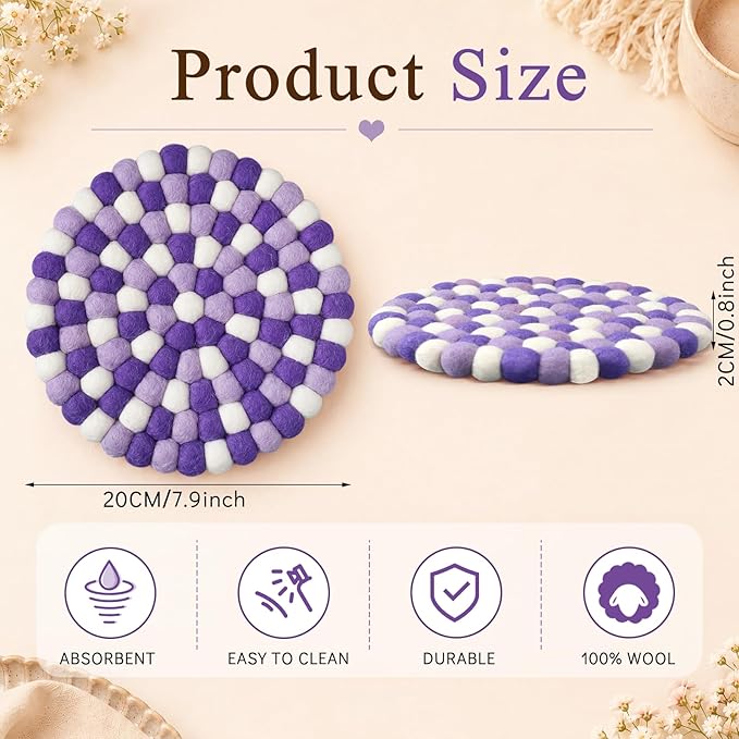 Lallisa 2 Pieces Felt Ball Trivet Round Felt Ball Coasters Handmade Trivet Multi Color Pot Mat Hot Plate Holder Heat Resistant Pot Holder for Table Desk Kitchen Decoration Accessories (Purple)