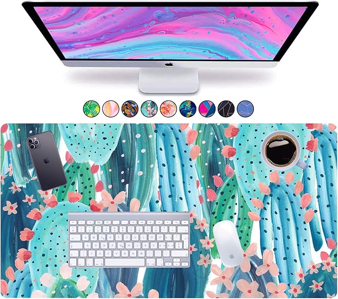 French Koko Large Mouse Pad Long Desk Mat Keyboard Pad Desktop Accessories Home School College Decor Supplies Pretty Extended Mousepad Big Office Essentials Women Girls XL Plant Pink Green Cute Cactus