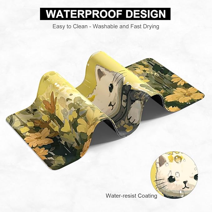 Desk Pad, 32" x 16" XXXL Extended Large Gaming Mouse Pad, Desktop Decor Desk Mat, Men Women Office Supplies and Accessories, Cute Anime Mouse Mat for Laptop & Keyboard, Yellow Flower Cat