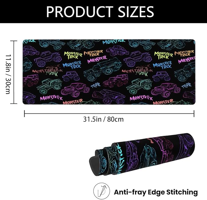 Large Mouse Pad Monster Truck Non-Slip Rubber Long Gaming Desk Mat Big Computer Keyboard Mousepad Waterproof Protector Wristing Pad for Gaming Office Home Decorative 31.5 X 11.8 Inch