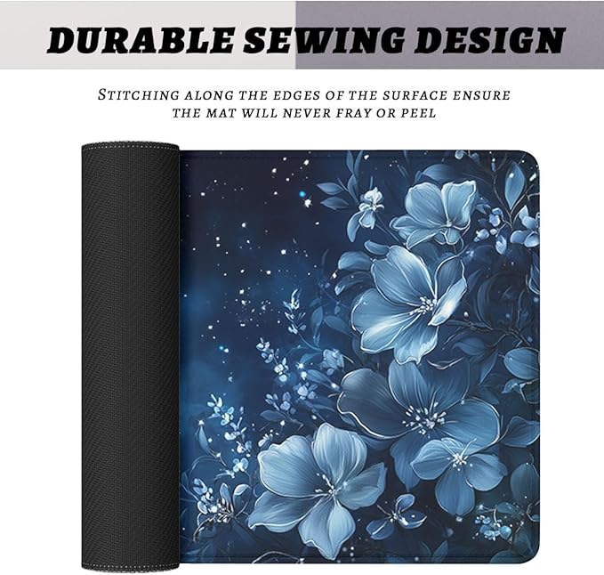 Crescent Mouse Pad Blue Silver Gem Flowers Crescent Stars Mousepad Extended Large Laptop Keyboard Non-Slip Rubber Base with Stitched Edges for Home 31.5x11.8 in