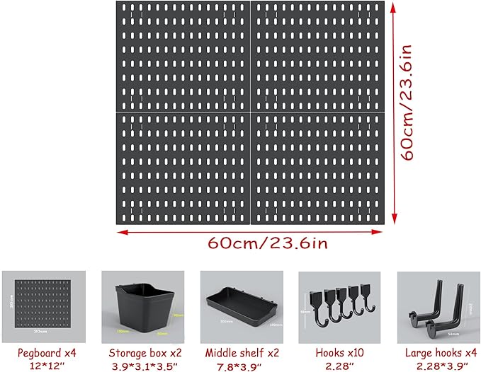 12 * 12in Pegboard Set, DIY Pegboard Combo Kit, Wall-Mounted Storage Organizer, Includes 4 pegboards and 18 Accessories, Suitable for Office, Gaming Room, Kitchen, and Decorative Display (Black)
