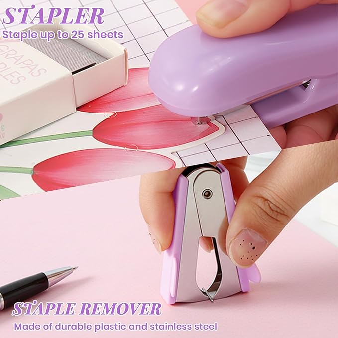 Purple Desk Accessories, 11Pcs Desk Organizer with 360°Rotating Pen Holder, Stapler, Staples, Staple Remover, Pen, Ruler, Tape Dispenser, Tape, Clips, Scissor, Notes, Office Supplies