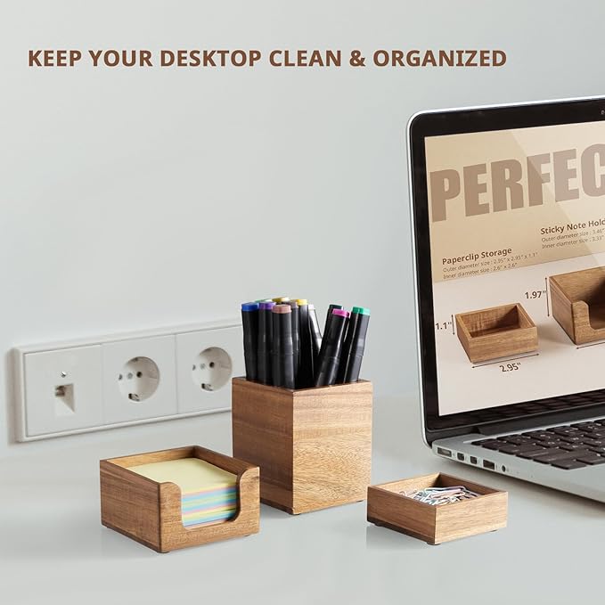 Desk Organizer Set of 3 - Acacia Wood Office Desk Accessories - Desk Organizers and Accessories for Women Men - Set incl. Pencil Pen Holder, Paperclip Storage and Sticky Note Holder