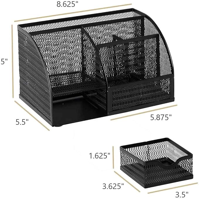 BLU MONACO Black Mesh Metal Desk Organizer and Accessories – 6 Compartments with Drawer