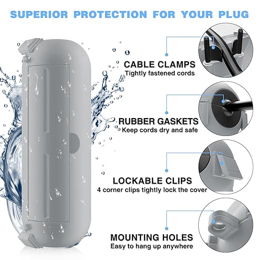 Flemoon [3 Pack] Outdoor Extension Cord Cover Waterproof, Weatherproof Electrical Connection Box for Straight Plug, Outlet, Socket, Halloween, Christmas Holiday Decoration String Light, Light Grey
