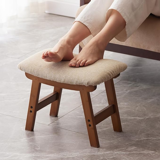 Kitsanery Foot Stool,Ottoman,Bamboo Small Sofa Foot Rest Under Desk,Extra Seating for Living Room, Bedroom and Kitchen(Brown Stool Legs - Beige Surface)