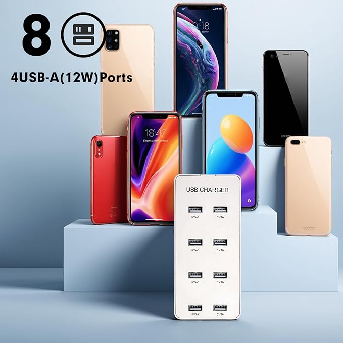 USB Wall Charger USB Charging Station for Multiple Devices 8-Ports Charging Hub Strip Smart Charger Block Compatible with iPhone, Galaxy, iPad Tablet, and Other Devices（White）