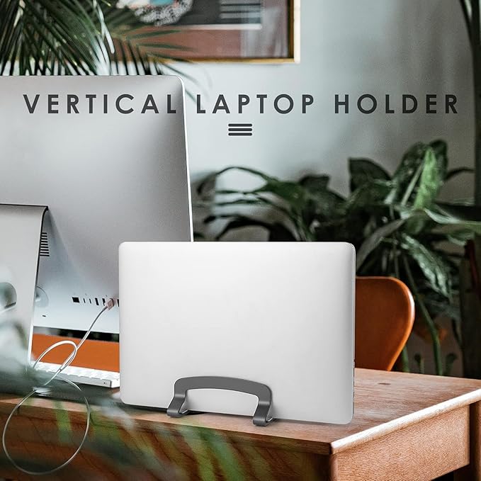 LOTEYIKE Aluminum Vertical Laptop Stand, MacBook Pro Laptop Vertical Stand Dock Holder with Adjustable Slot Fits All Laptops Notebook Tablets MacBook Air- Save Space & Improve Airflow, Grey