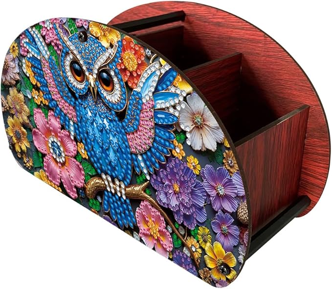 POETRYDRAW DIY Owl Diamond Art Painting Wooden Storage Box – Multi-Grid Moon Fan Makeup Brush Organizer, Double-Sided Drill Tabletop Holder for Women, Office & Home Decoration