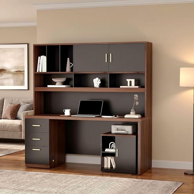 ModernMate Computer Desk with Hutch & File Cabinet, 72.8" Home Office Desk Set with Under Desk Printer Stand, Office Desk with Hutch Built in Power Outlet, USB/Type-C, Black Walnut