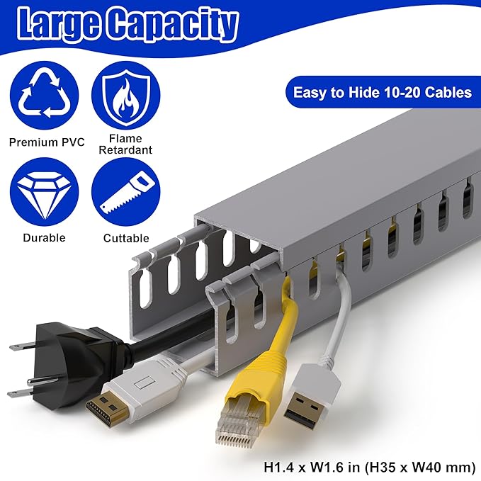 ZhiYo H1.4 W1.6 in Server Rack Cable Management Raceway, 99in (6X L16.5in) Cable Raceway Kit, Electrically Safe PVC Open Slot Wire Cord Hider for Under Desk/Computer/Network Cords, Gray