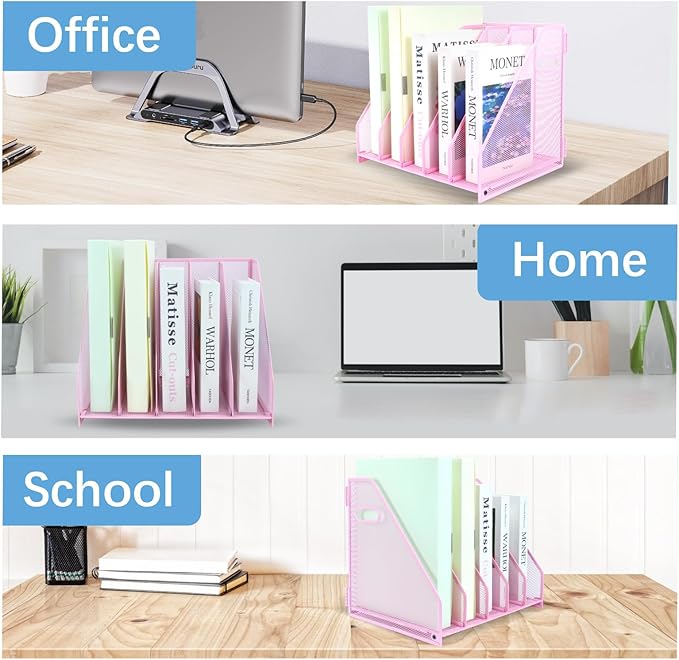 Desk Organizers Metal Magazine File Holder Racks Desktop Folder Storage Binder Organiser Document Organization for Home Office & Classroom,5 Vertical Compartments-Pink
