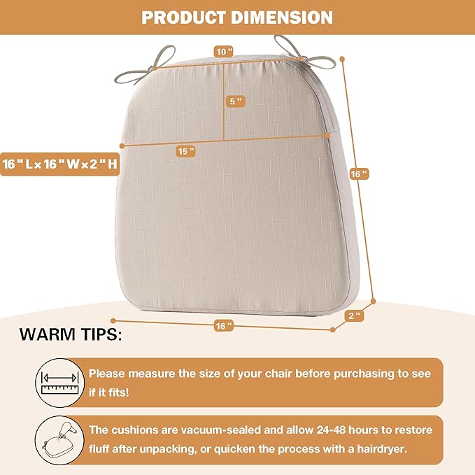 Battilo Chair Cushions for Dining Chairs with Ties, Kitchen Chair Pad with Non-Slip Backing and Removable Cover, Indoor/Outdoor Dining Seat Cushion, 16"x16"x2", Set of 4, Beige