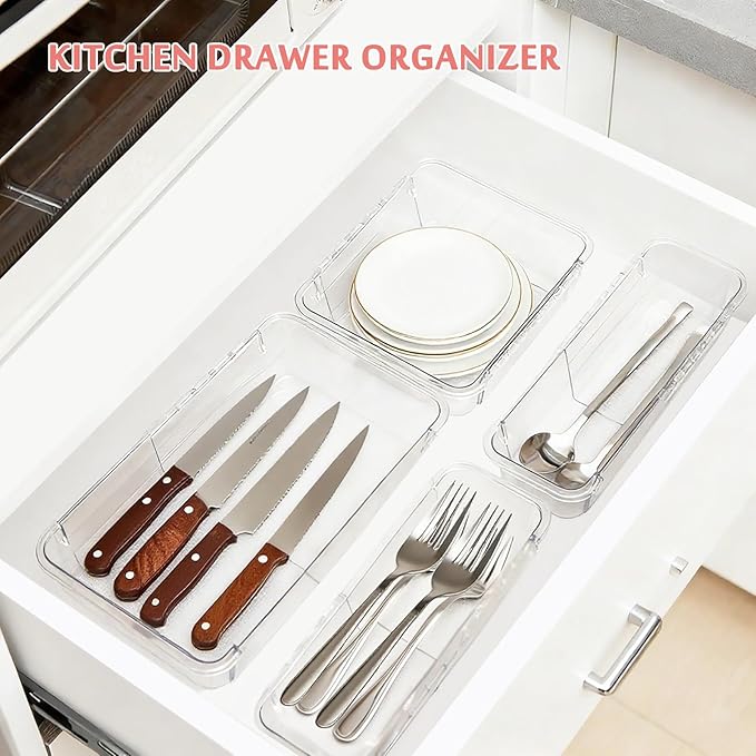 Extendable Drawer Organizer, 14pcs Bathroom & Vanity Drawer Organizes Tray, 3-size Clear Plastic Storage Bin for Makeup, Office Desk, Kitchen, Bedroom, Cabinet Drawer