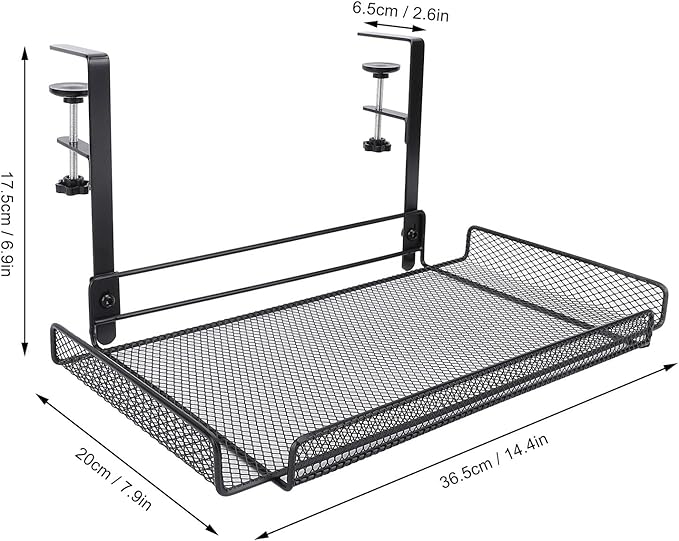 Under Desk Wire Organizer, Cable Management Tray Metal, Large Storage Tray Clamp Mount for Office Home, No Drill Cable Raceway (Black)