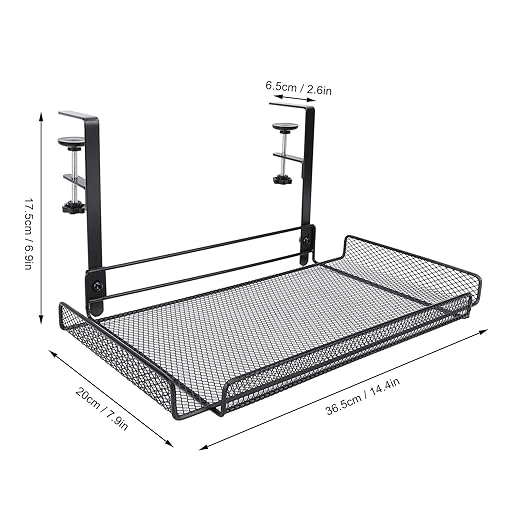Under Desk Cable Management Tray, 14.4 x 7.9 x 6.9 Inch Large Cpacity Metal Mesh Desk Cable Tray with Clamp Mount No Drill Carbon Steel Desk Cable Organizer for Home Office (Black)