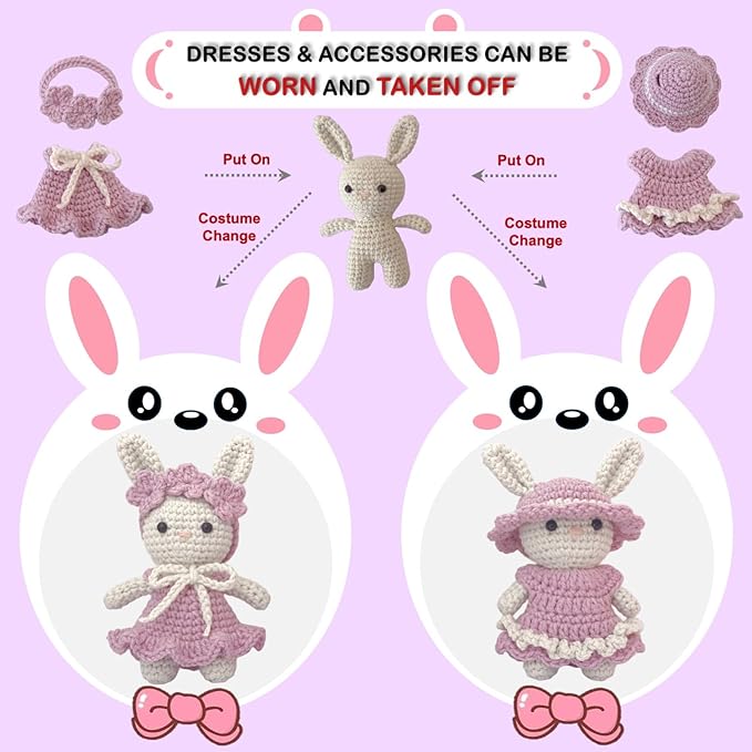LoopMap Amigurumi Crochet Kit for Beginners with Removable Dress & Video Tutorials, DIY Bunny Making Kit Includes Premium Yarn & Tools, Creative Gift for Adults Teens (Purple)